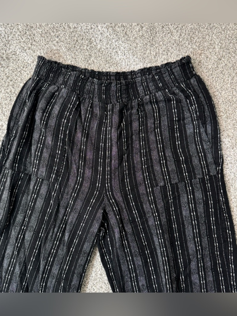 Linen Blend Boho Palazzo Pants Wide Leg Striped Flowy Trousers M (8-10) Black - Picture 5 of 12